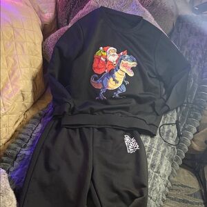 Black Dinosaur Santa Sweatshirt & Pants Set kids unisex boys L Christmas outfit